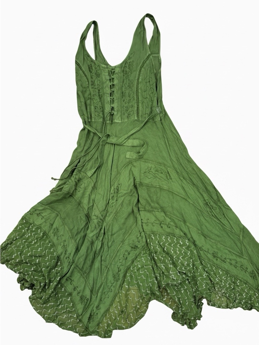 Green Embroidered Maxi Dress with Waist Tie-medieval-Halloween-witch-occult-